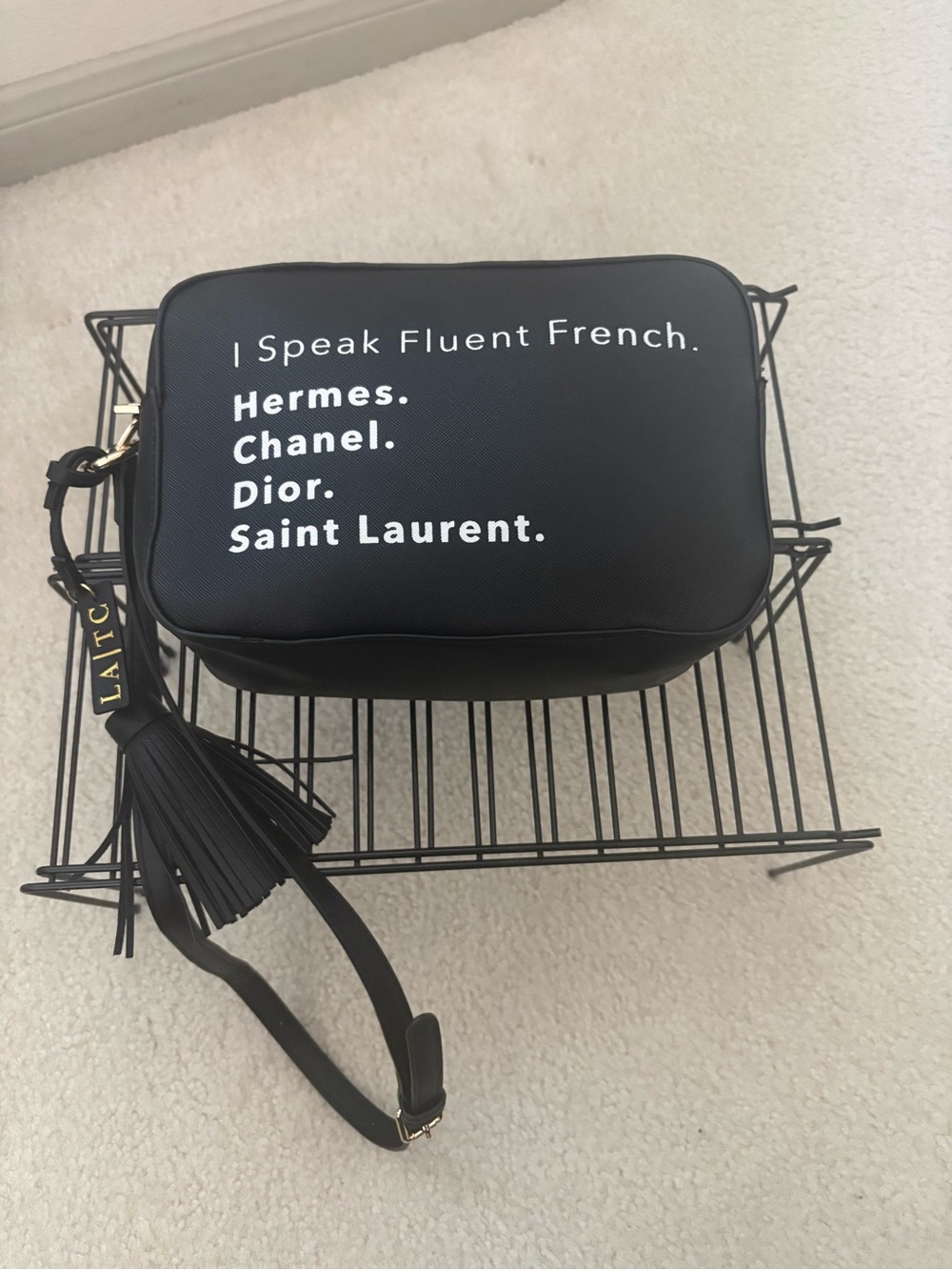 Black Crossbody Bag with Tassel - I Speak Fluent French Print